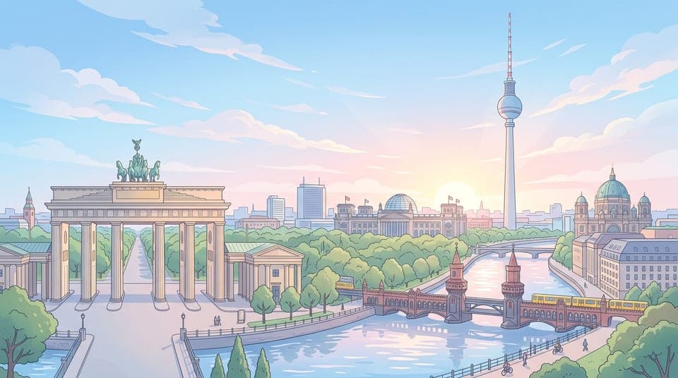 Illustrated Berlin skyline for German exam preparation